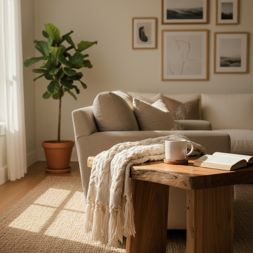 Sunlit living room with a cozy throw blanket on a wooden side table