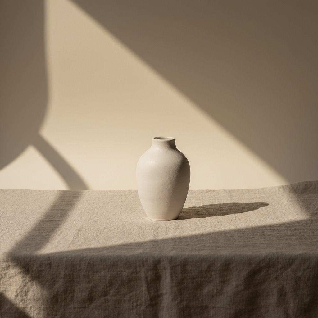 A neutral ceramic vase rests on a textured linen surface in soft, warm studio light.