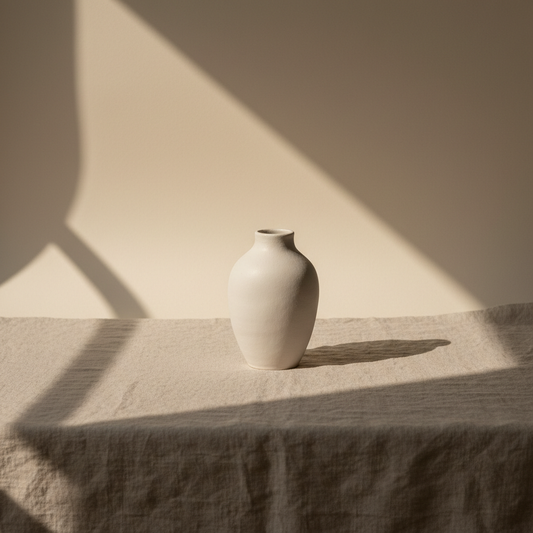A neutral ceramic vase rests on a textured linen surface in soft, warm studio light.